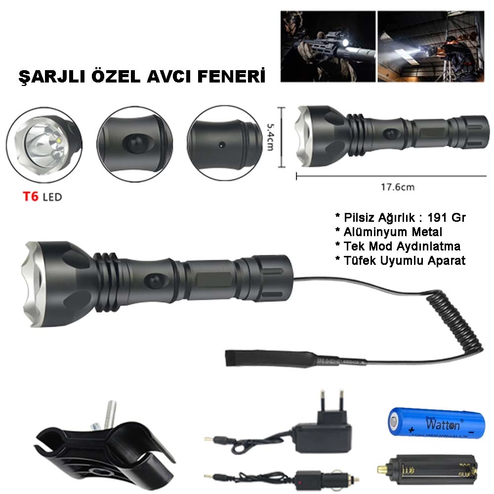 Orjinal 600 Lümen Tx6 Şarjlı Özel Avcı Feneri  Wt-253