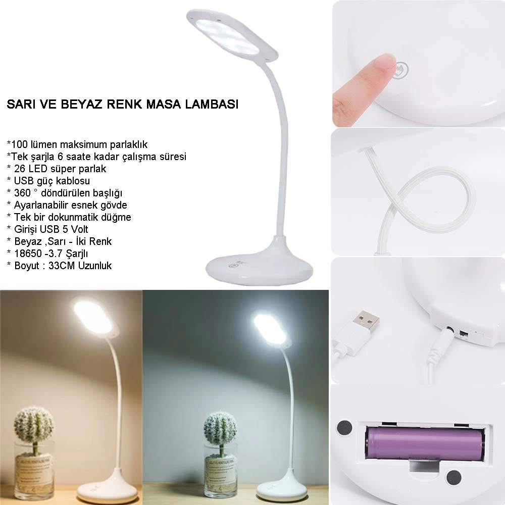 Şarjlı Sarı Ve Beyaz Renk Masa Lambası  Wt-005