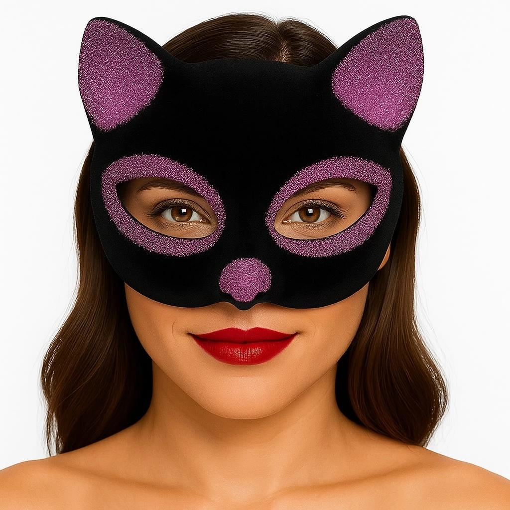 Siyah Renk Pembe Simli Süet Kaplama Kedi Maskesi 18x14 Cm