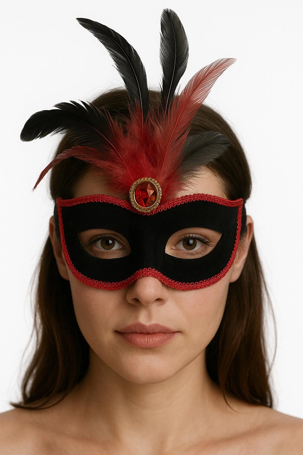 Kırmızı Dantelli Siyah Kırmızı Tüylü Siyah Süet Kaplama Parti Maskesi 17x25 Cm