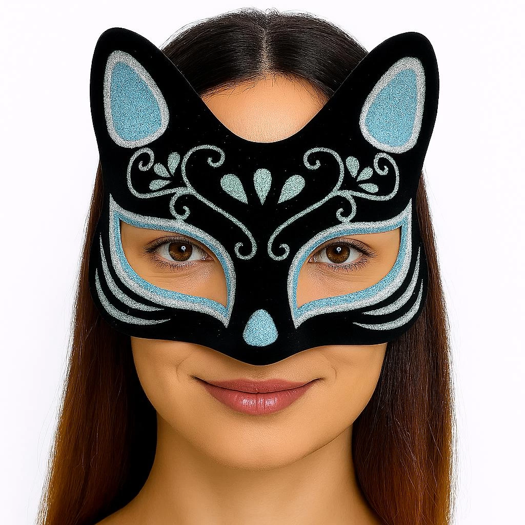 Siyah Renk Süet Kaplama Üzeri Gümüş Mavi Simli Kedi Maskesi 17x14 Cm