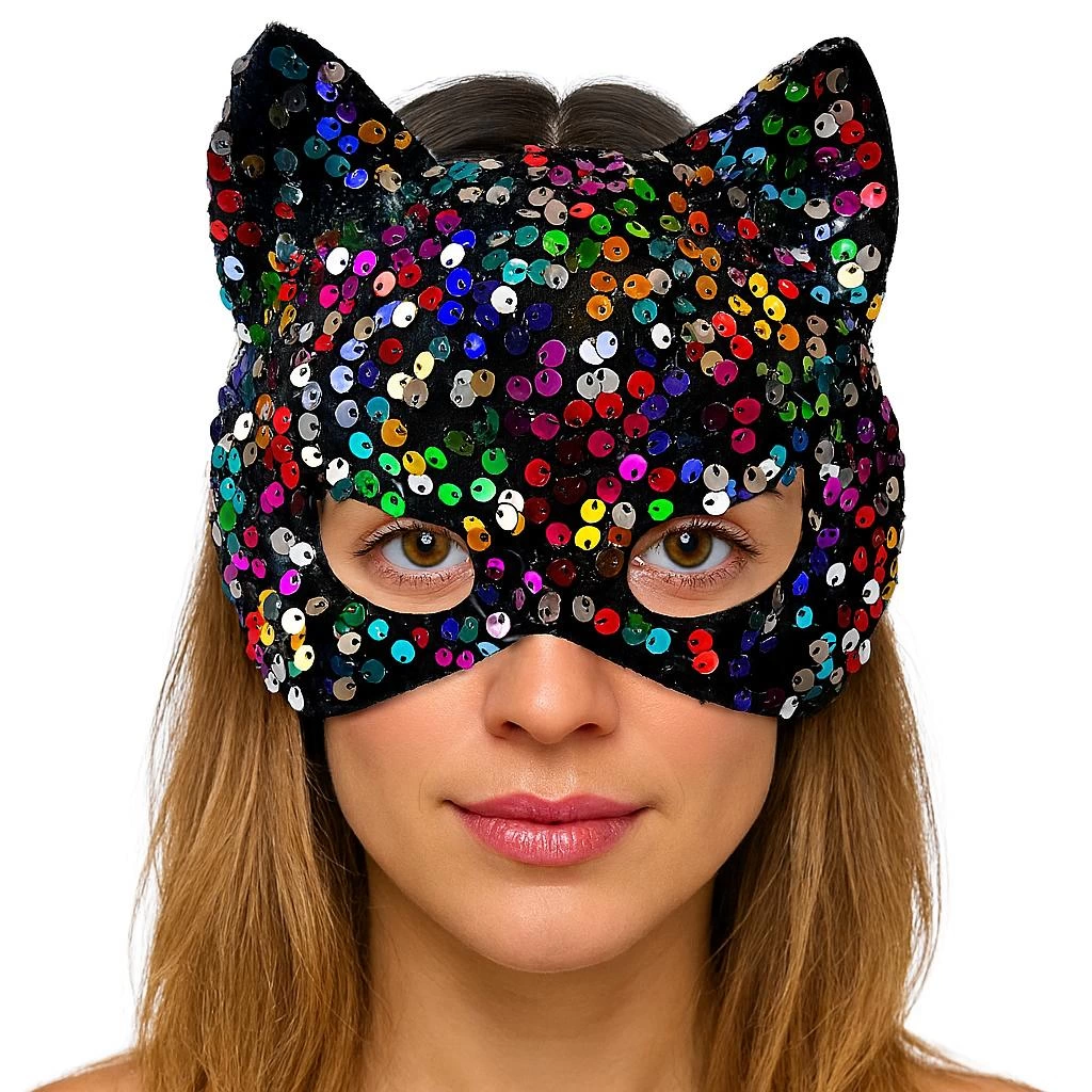 Siyah Kadife Kumaş Üzerine Rengarenk Payetli Pullu Parti Maskesi 16x14 Cm