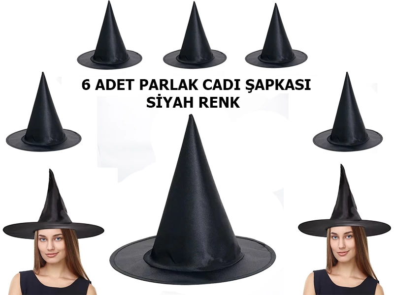 Halloween Siyah Renk Parlak Dralon Cadı Şapkası Yetişkin Ve Çocuk Uyumlu 6 Adet